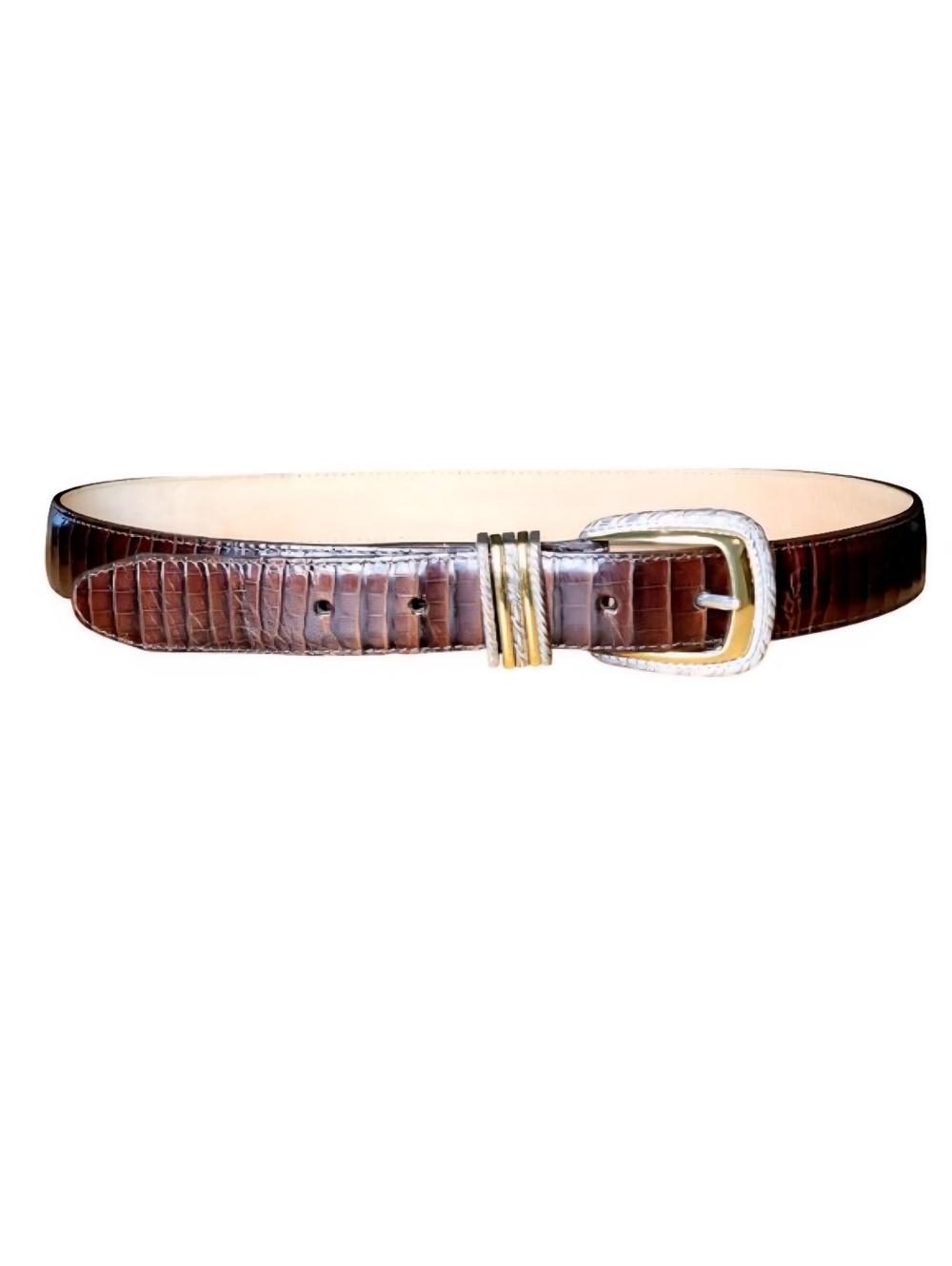 Brighton Women Size ML 32 Brown Croc Leather Silver Gold Buckle Loop Silverplate